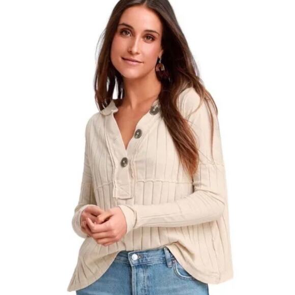 FREE PEOPLE • We The Free In The Mix Ribbed Ivory Raw Trim Long Sleeve Top - Picture 1 of 6
